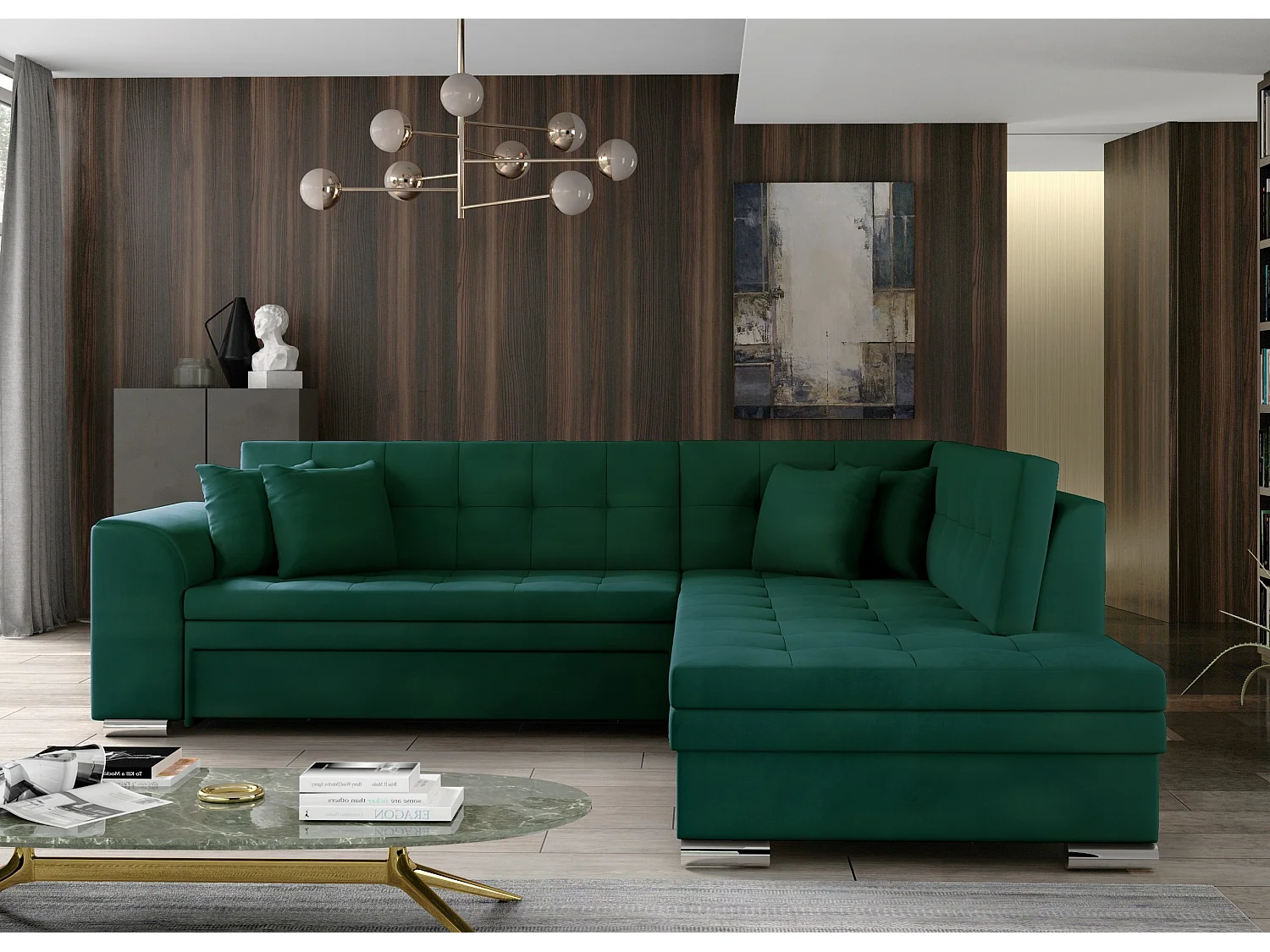 Canapé convertible angle droit velours vert foncé et chromé Pika 260cm