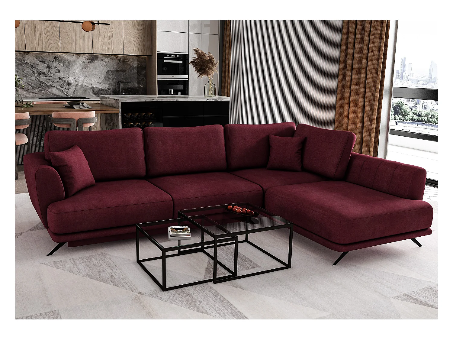 Canapé convertible angle droit velours bordeaux Savary 280cm