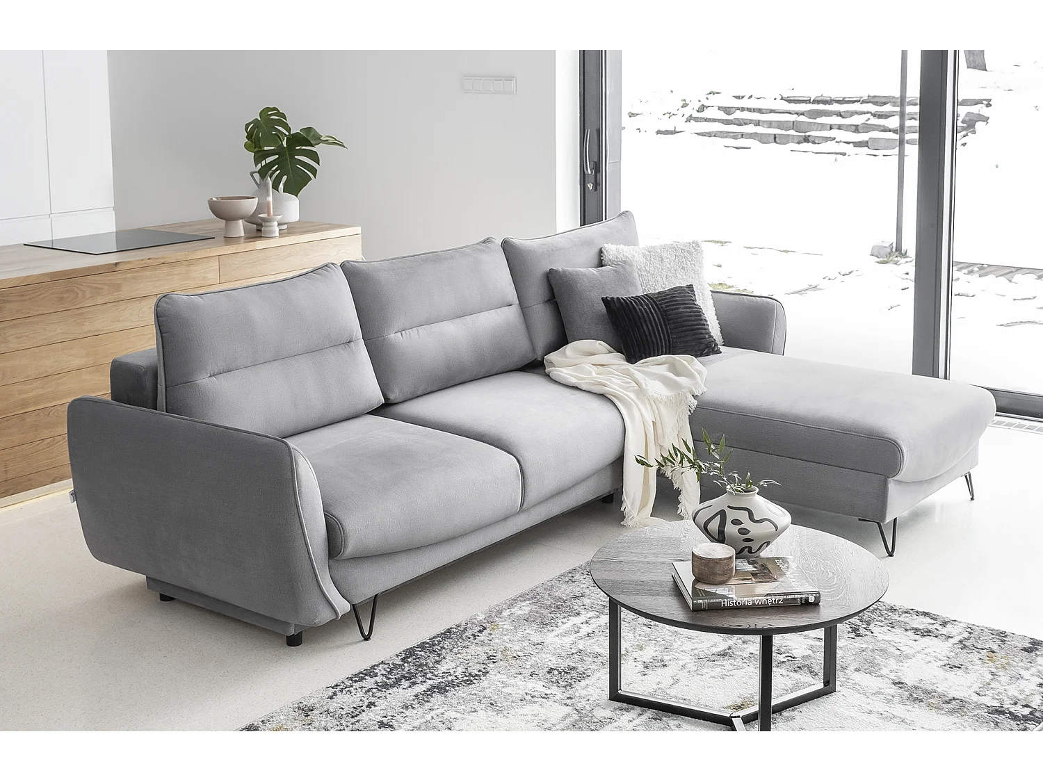 Canapé d'angle droit convertible tissu doux gris foncé Zurik 276cm