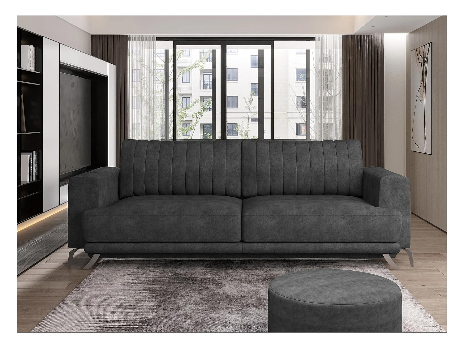 Designer 3/4-zits slaapbank in donkergrijze stof met leereffect en chroomstalen poten Eliza 250 cm