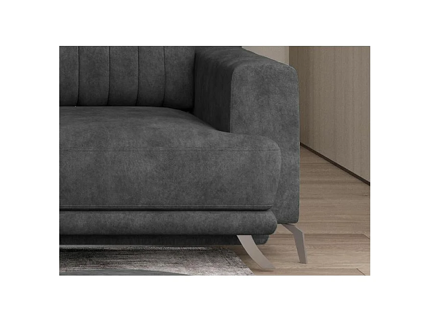 Designer 3/4-zits slaapbank in donkergrijze stof met leereffect en chroomstalen poten Eliza 250 cm