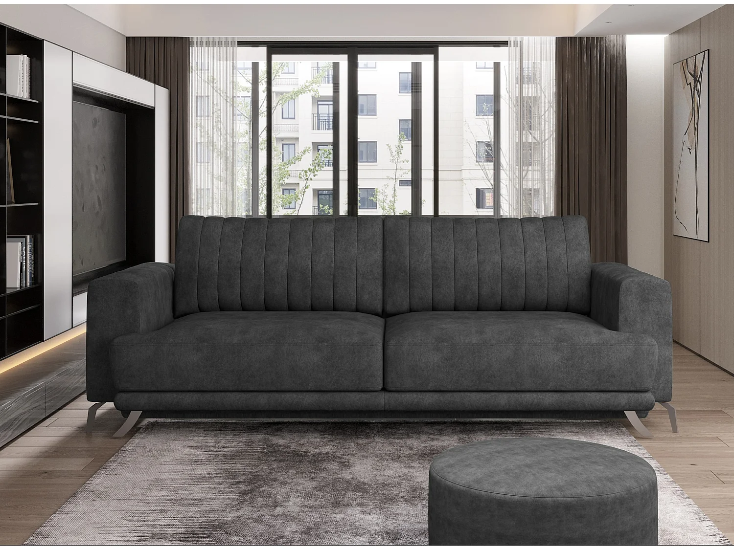 Canapé convertible design 3-4 places tissu effet cuir gris foncé et pieds acier chromé Eliza 250cm