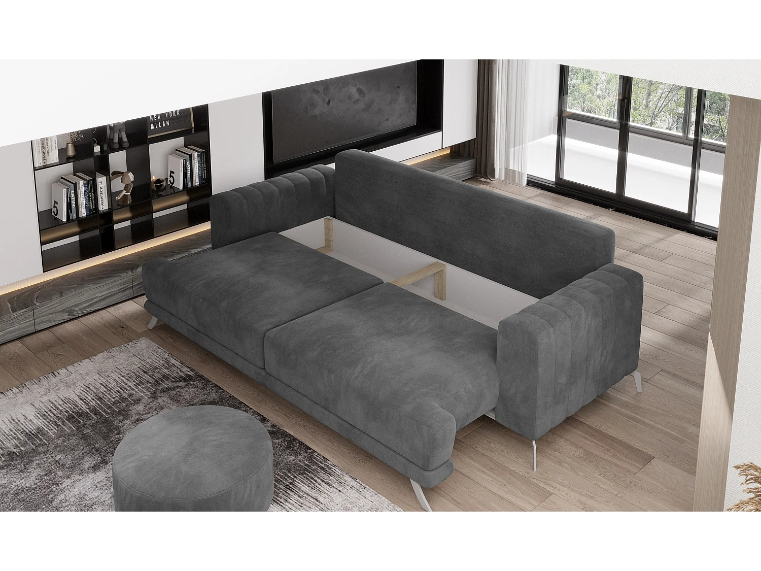 Canapé convertible design 3-4 places tissu effet cuir gris foncé et pieds acier chromé Eliza 250cm