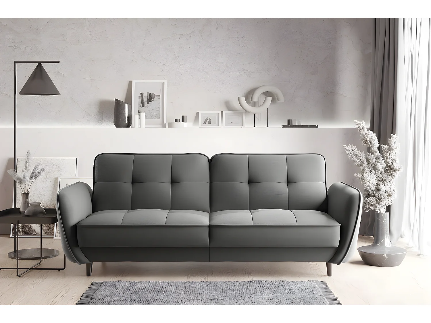 Canapé convertible 3 places tissu gris capitonné et pieds bois noir Bizza 220cm