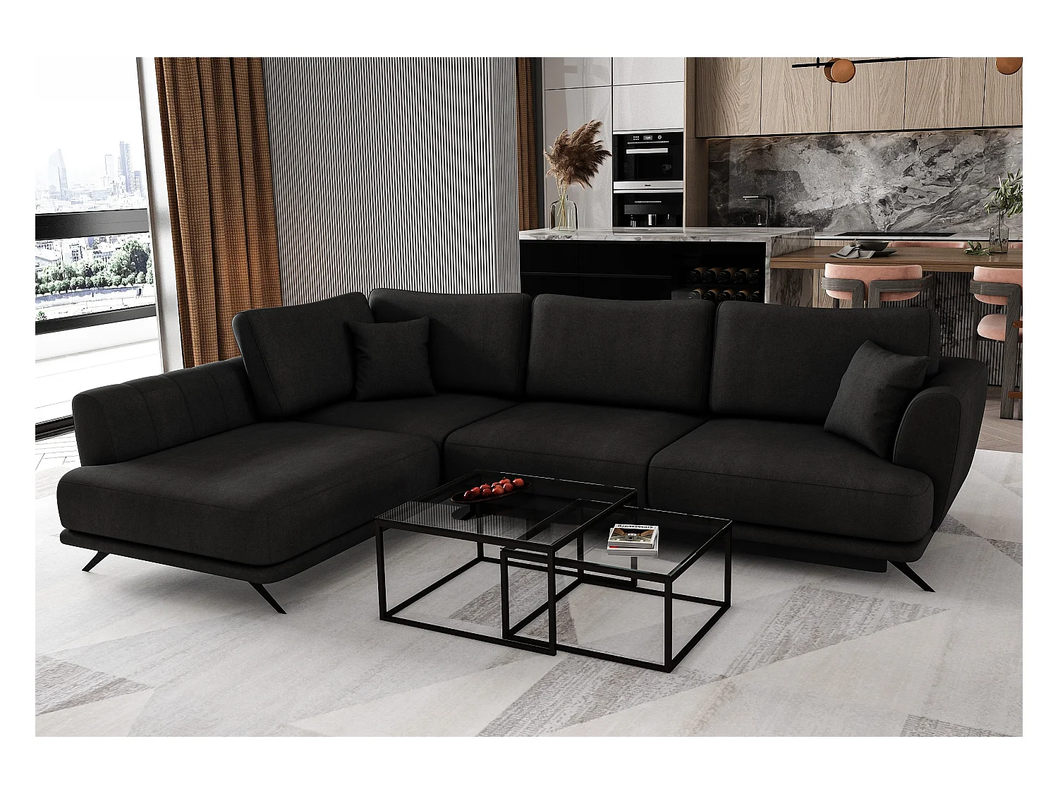Canapé convertible angle gauche velours noir Savary 280cm