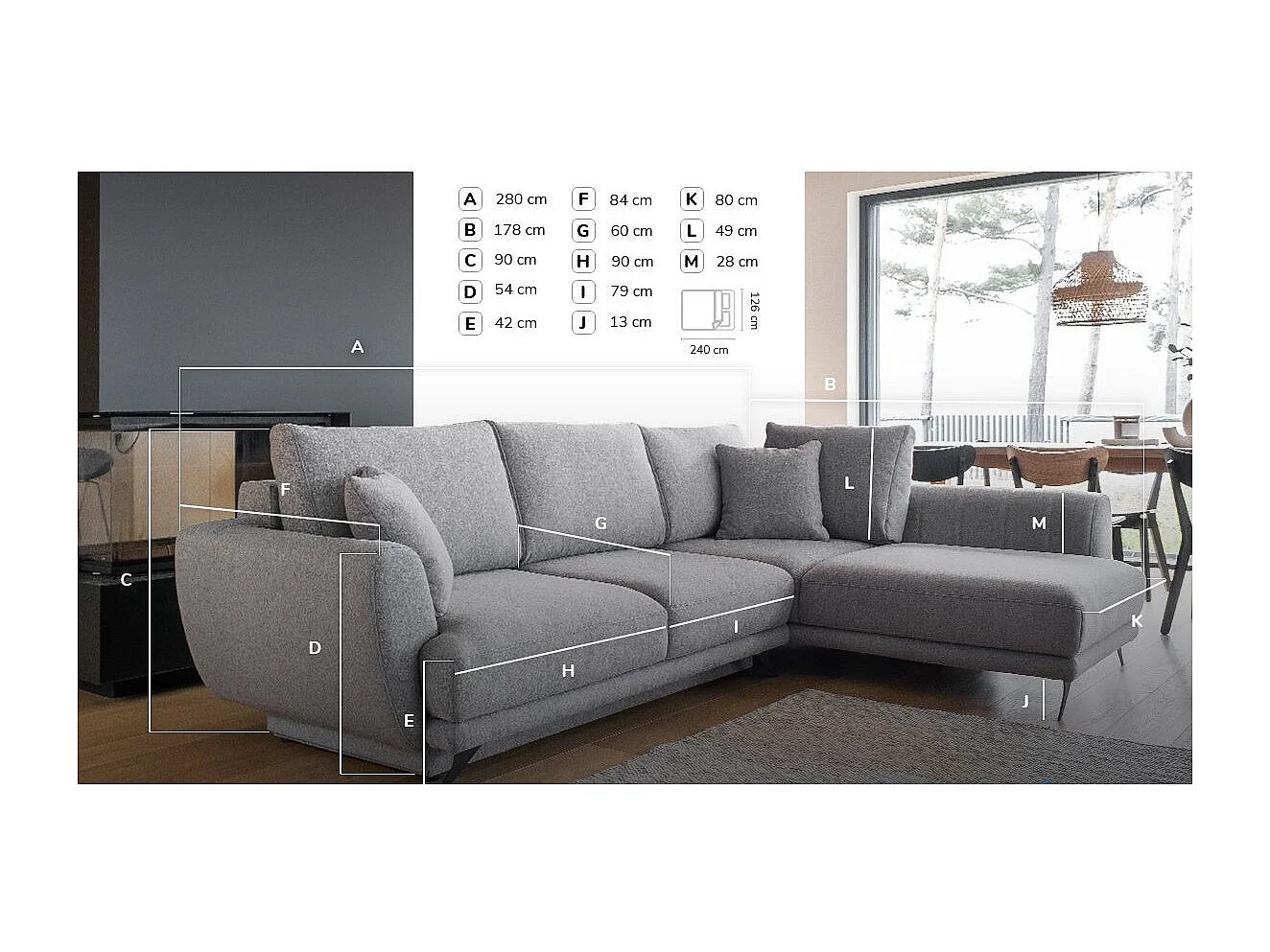 Canapé convertible angle gauche velours noir Savary 280cm