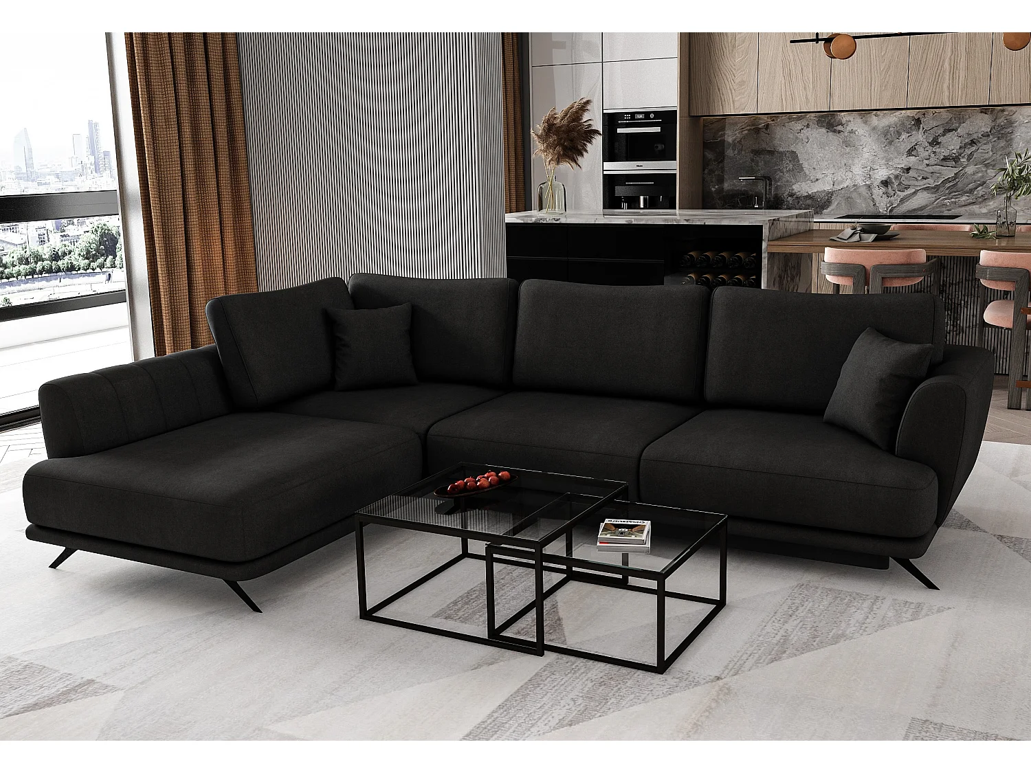 Canapé convertible angle gauche velours noir Savary 280cm