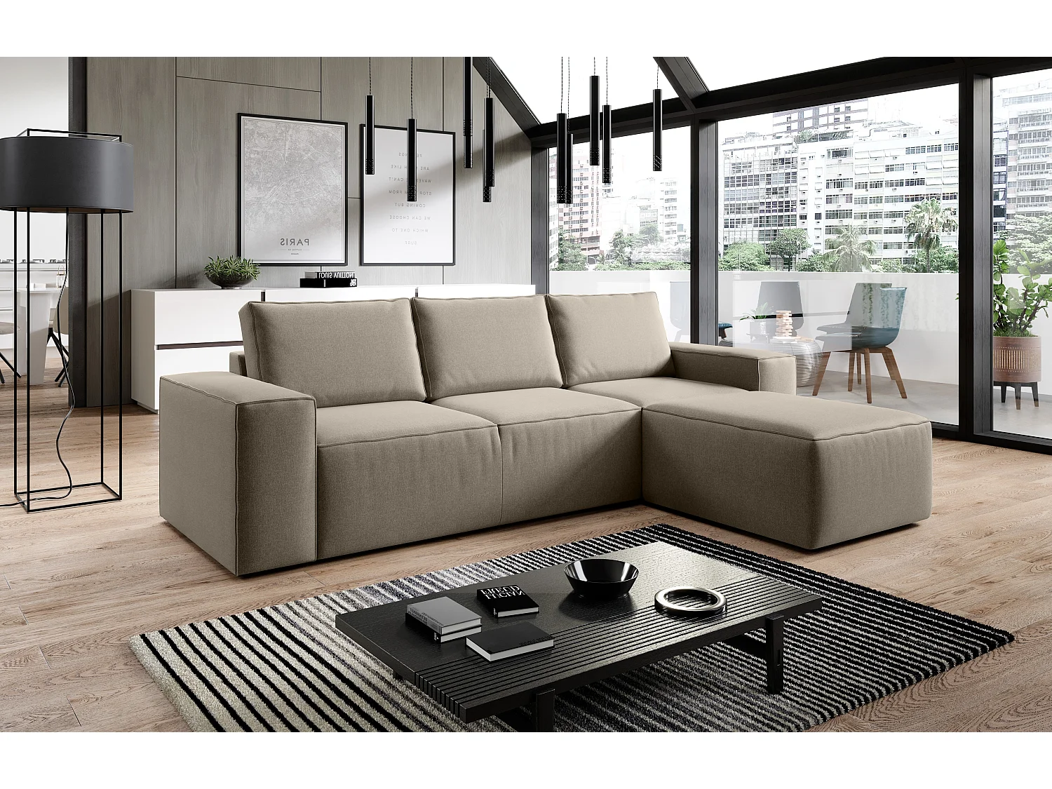 Canapé d'angle droit convertible moderne tissu beige foncé Willace 302cm