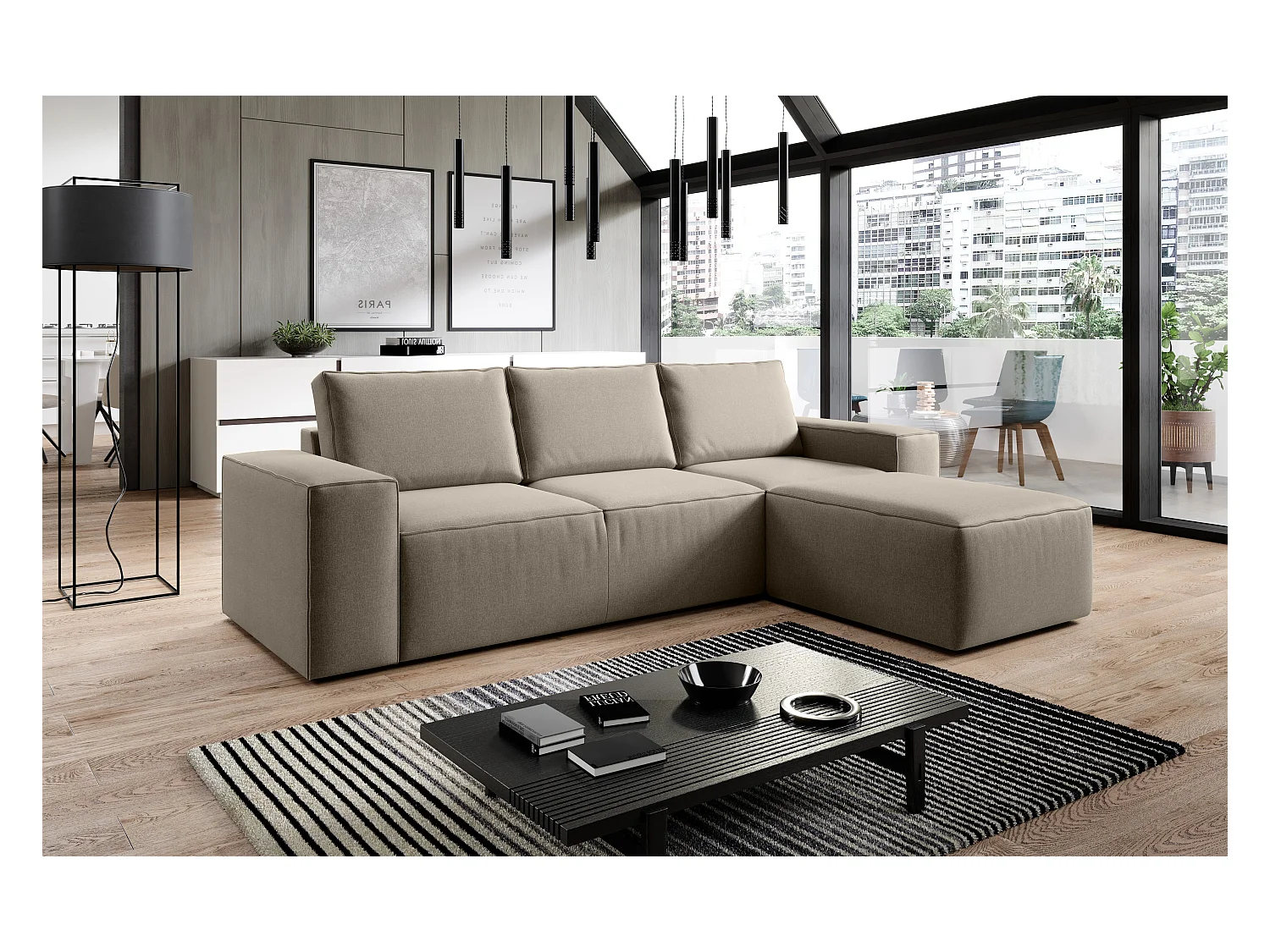 Canapé d'angle droit convertible moderne tissu beige foncé Willace 302cm