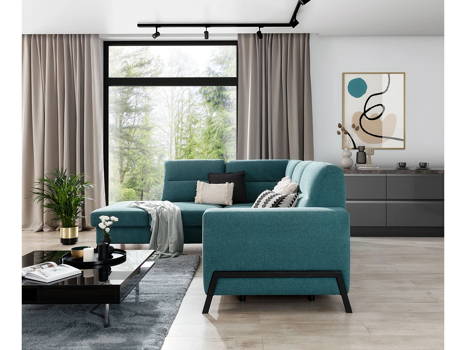 Canapé angle gauche convertible tissu bleu lavande et pieds acier noir Kassidi 277cm