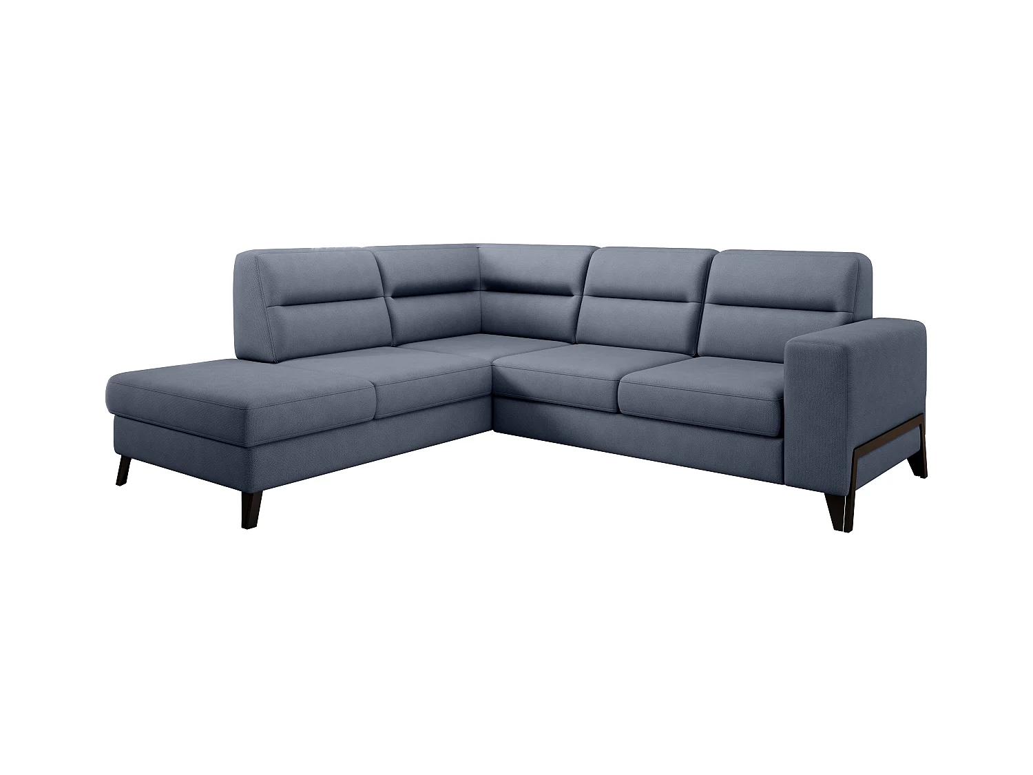 Canapé angle gauche convertible tissu bleu lavande et pieds acier noir Kassidi 277cm