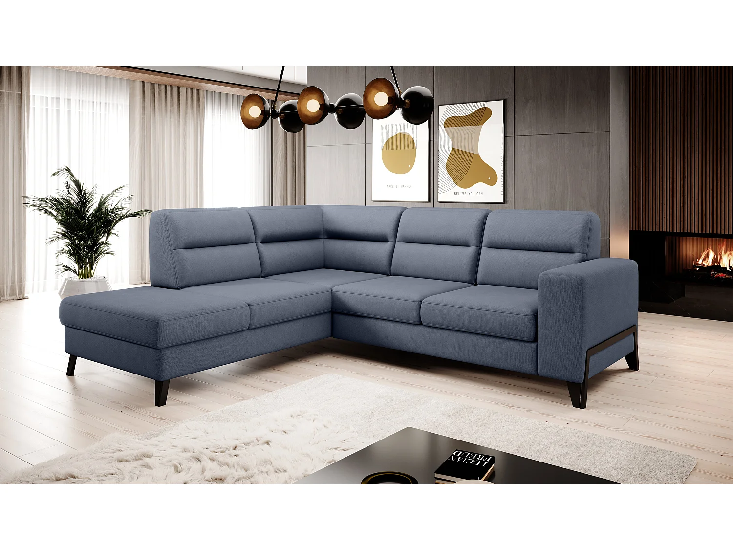 Canapé angle gauche convertible tissu bleu lavande et pieds acier noir Kassidi 277cm