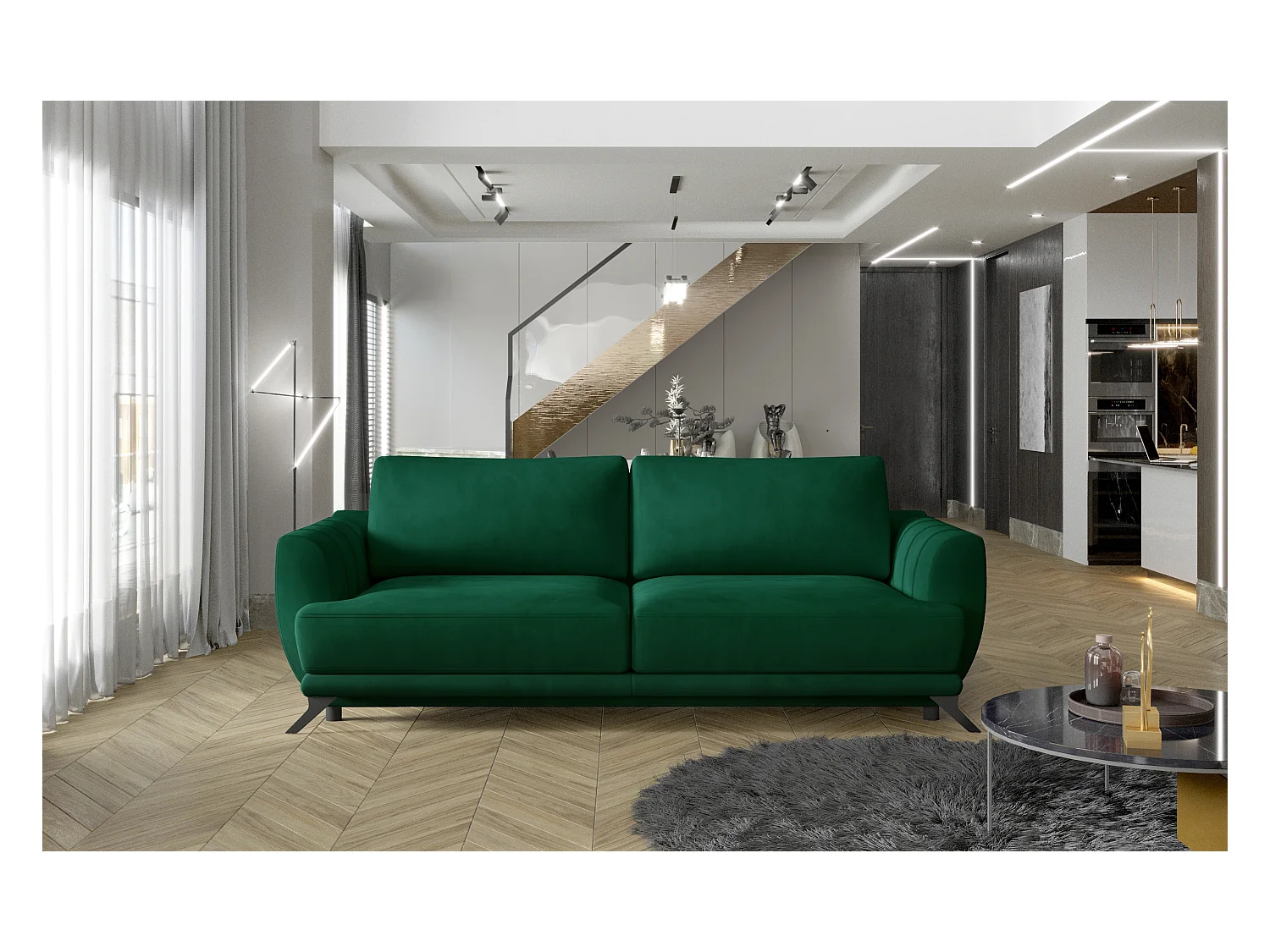 Canapé convertible 3-4 places velours vert et pieds métal noir Zora 250cm
