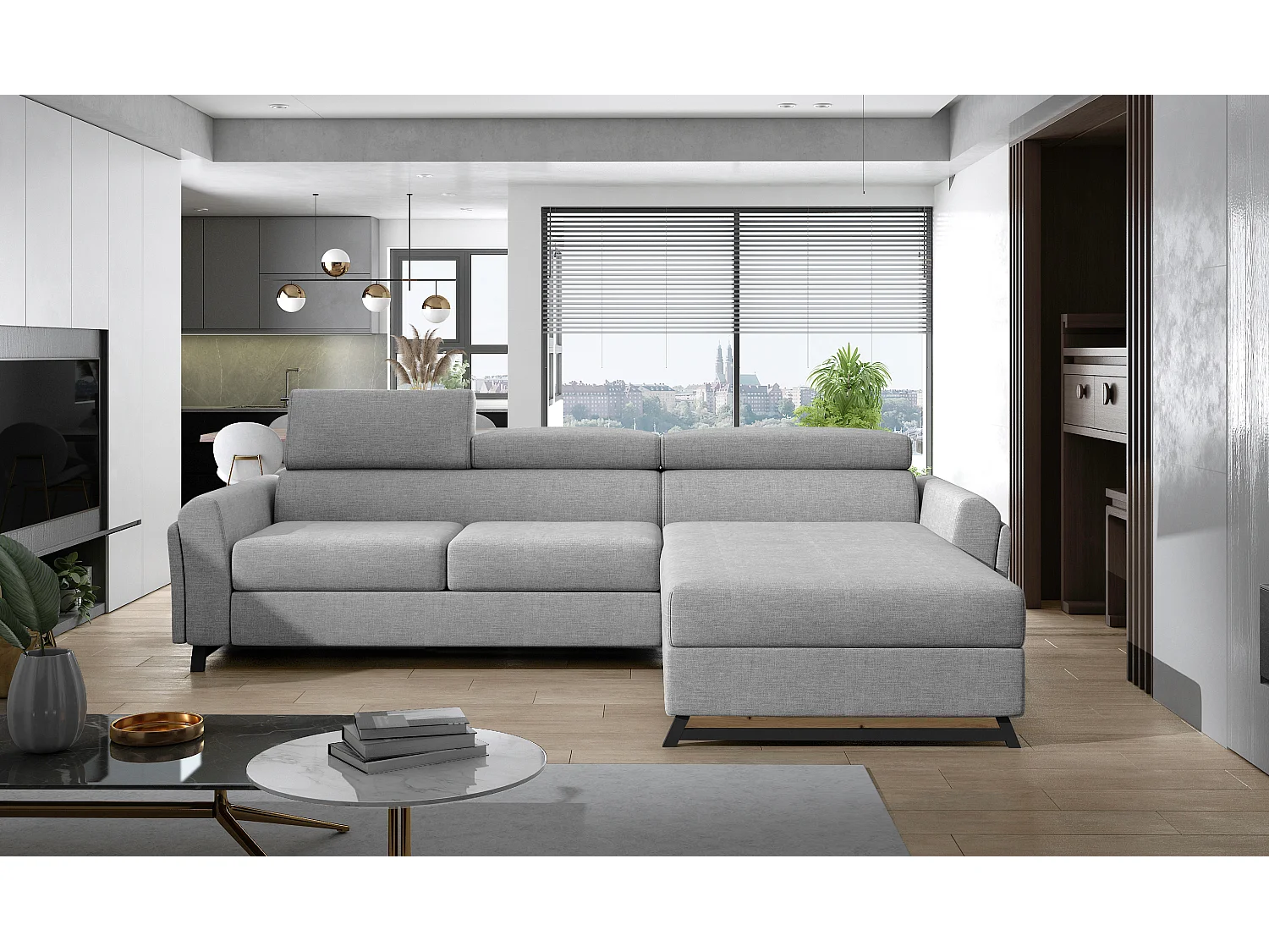 Canapé angle droit convertible tissu gris clair avec appuis-tête réglables Mazerali 300cm