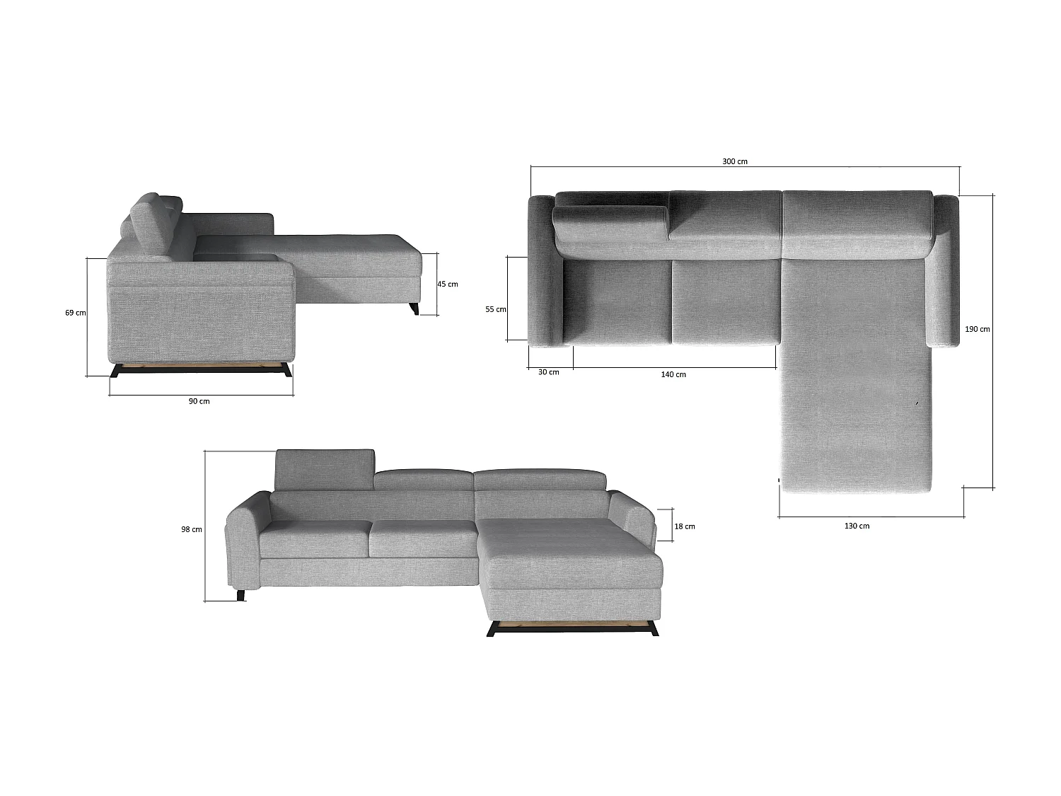 Canapé angle droit convertible tissu gris clair avec appuis-tête réglables Mazerali 300cm