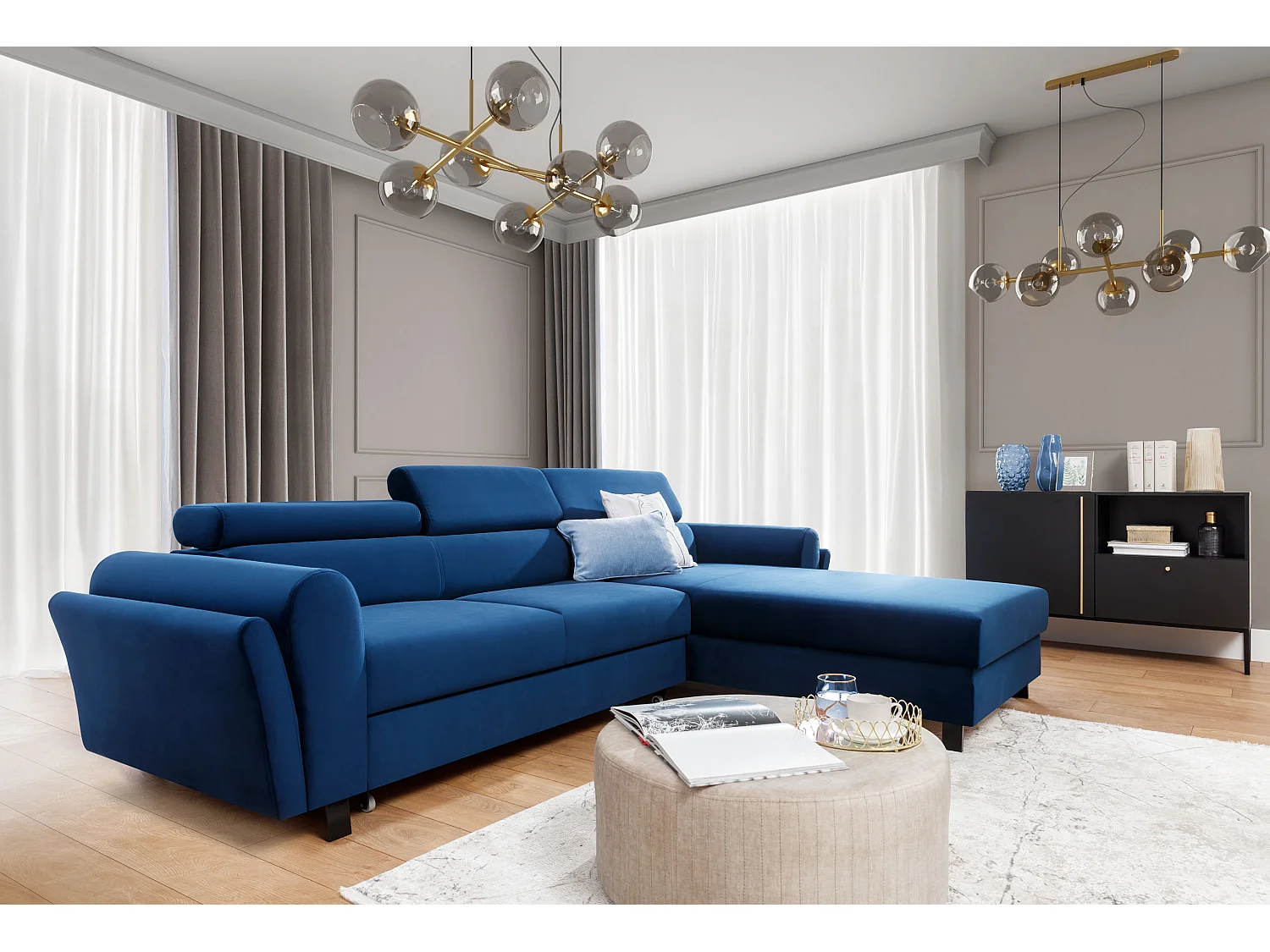 Canapé angle droit convertible tissu gris clair avec appuis-tête réglables Mazerali 300cm