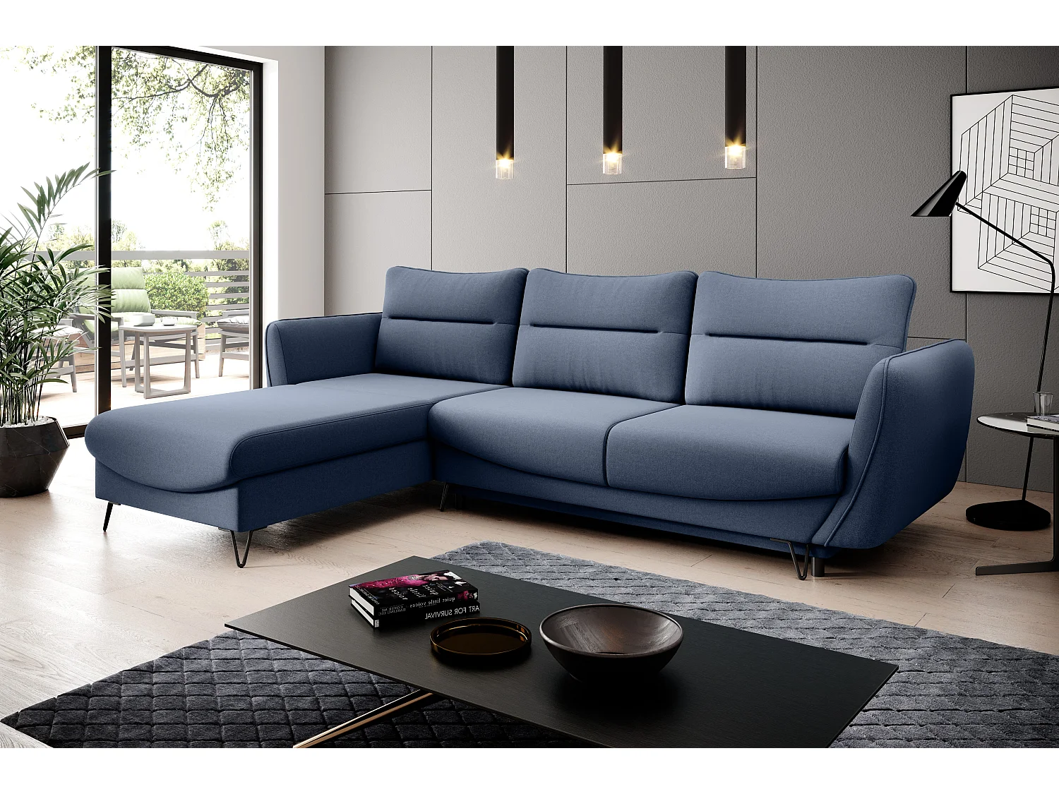 Canapé d'angle gauche convertible tissu bleu clair Zurik 276cm