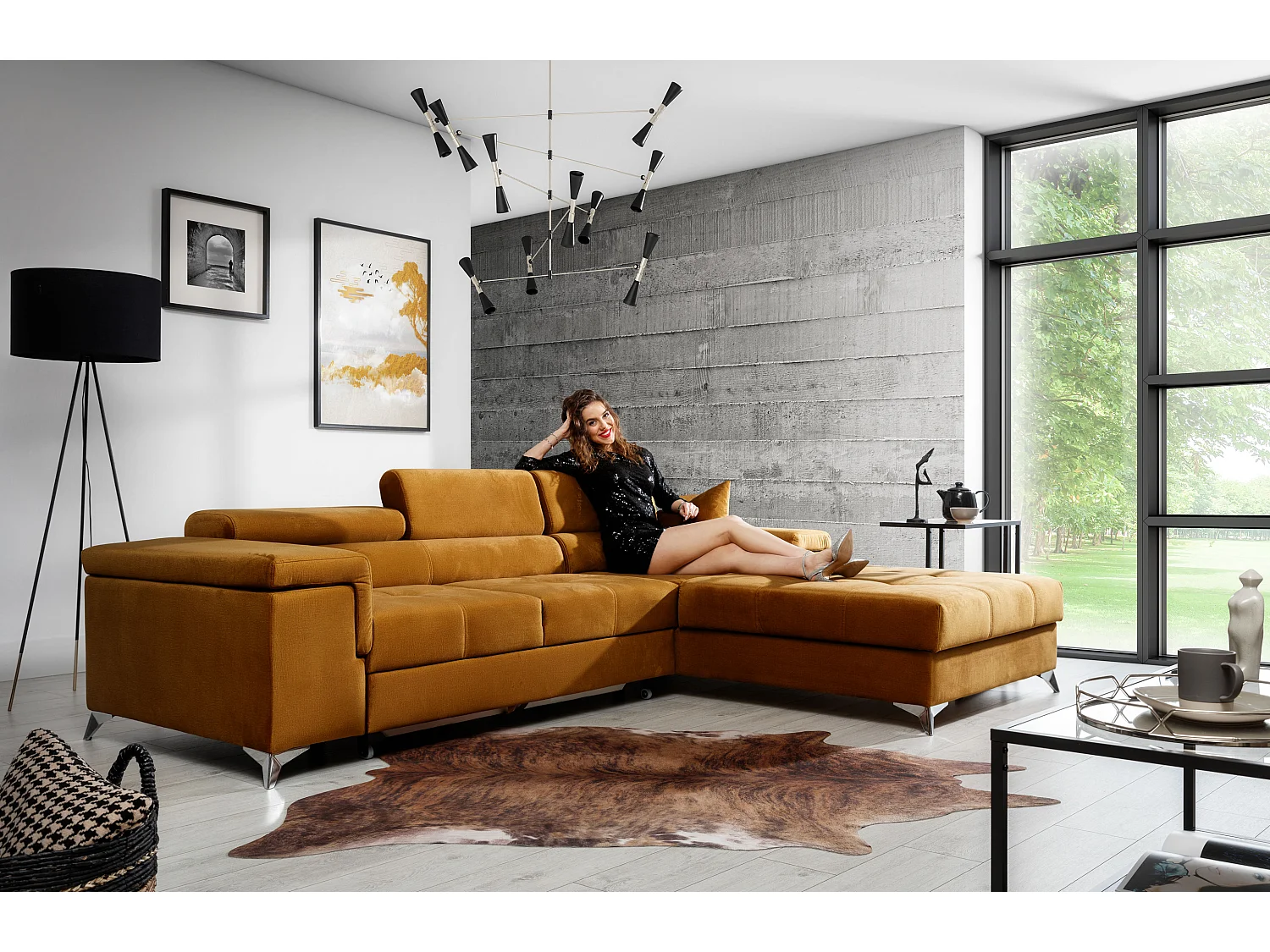 Fluwelen converteerbare hoekbank met verstelbare hoofdsteunen Rikaro 280 cm-Kleur -juiste hoek