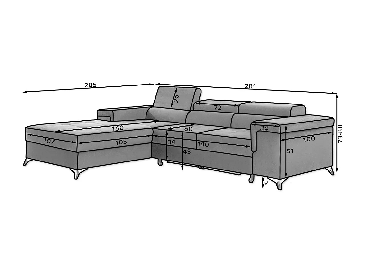 Fluwelen converteerbare hoekbank met verstelbare hoofdsteunen Rikaro 280 cm-Kleur -juiste hoek