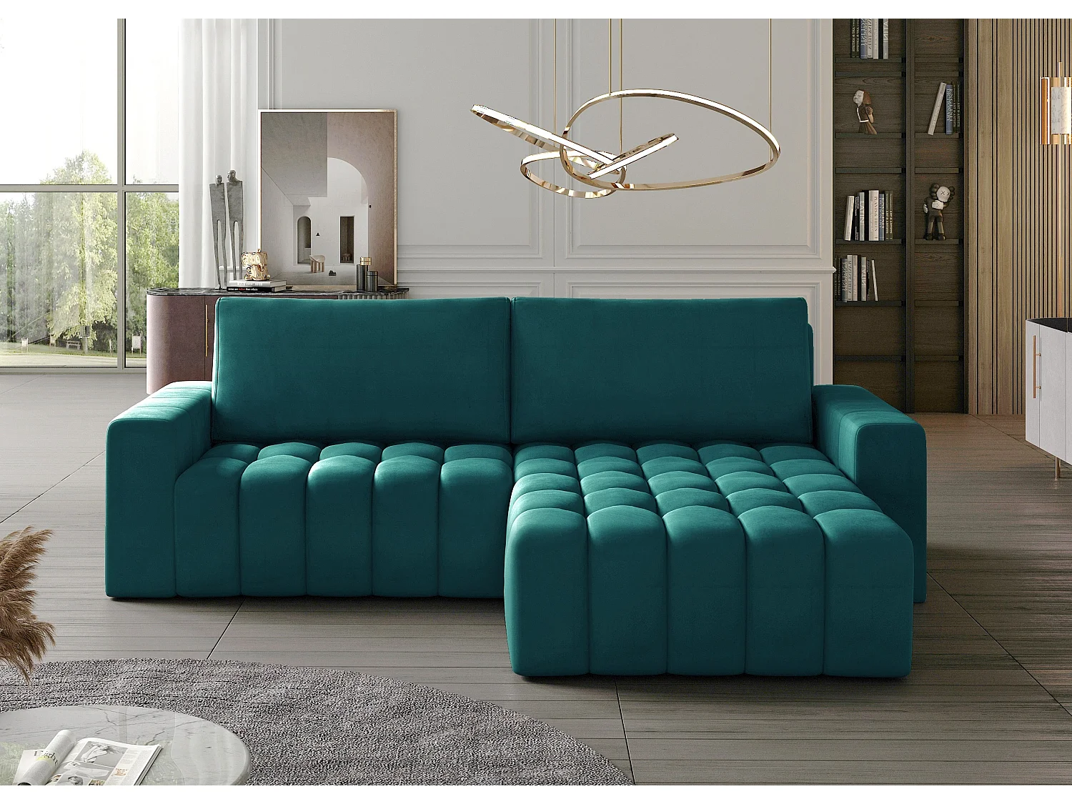 Canapé convertible design velours matelassé vert pin angle droit Bozen 250cm