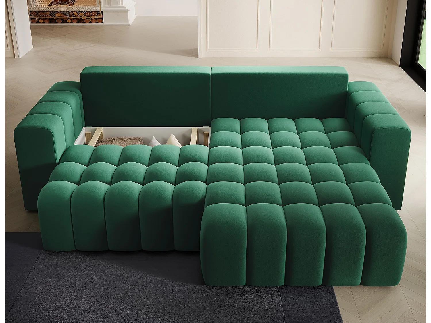 Canapé d’angle velours capitonné BOZEN – Convertible et rangement-Vert-angle droit