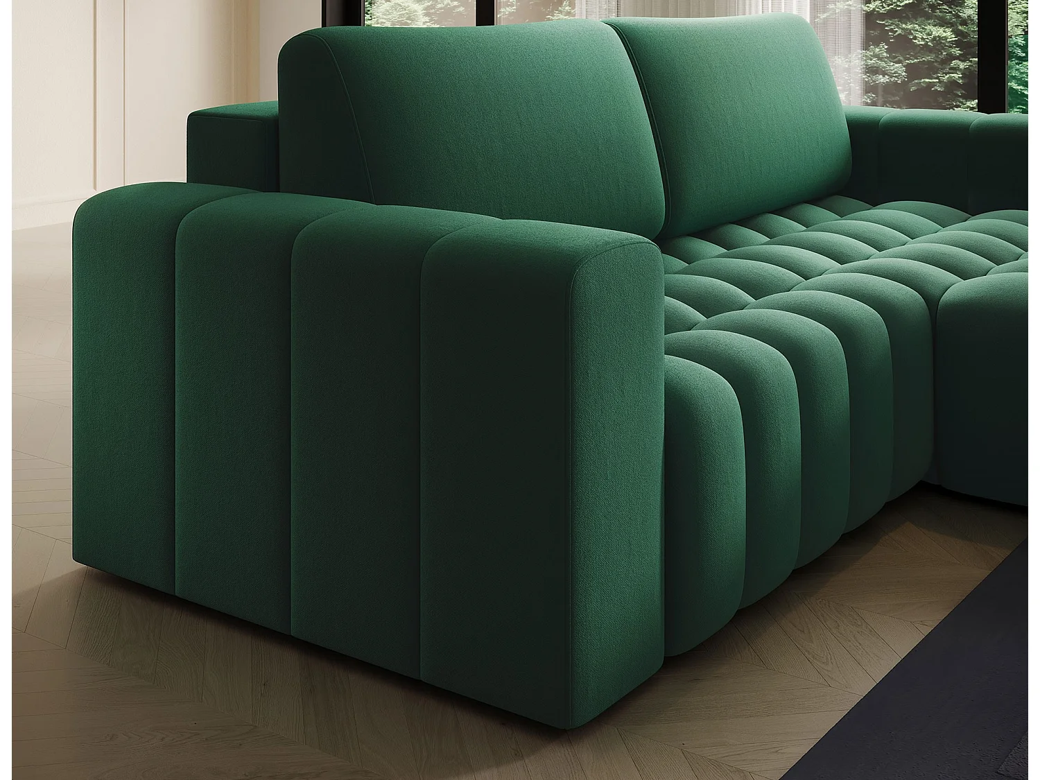 Canapé d’angle velours capitonné BOZEN – Convertible et rangement-Vert-angle droit