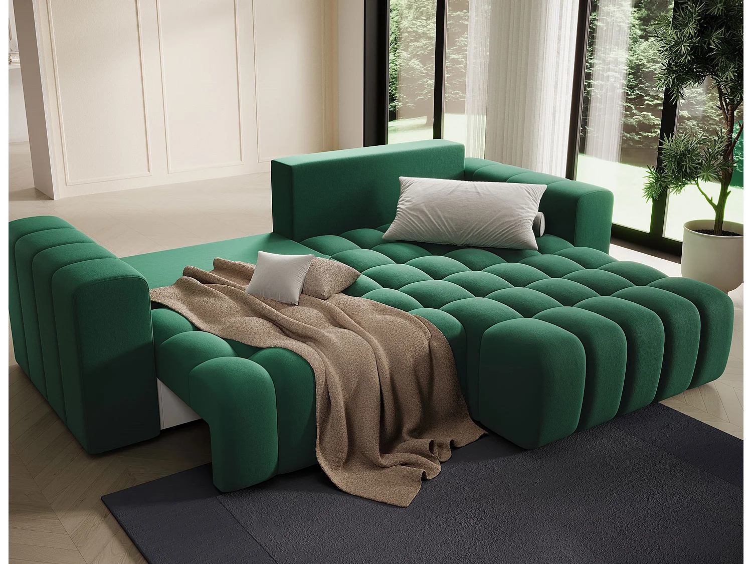 Canapé d’angle velours capitonné BOZEN – Convertible et rangement-Vert-angle droit