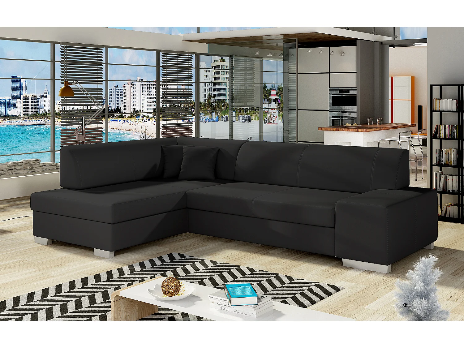 Canapé convertible angle gauche simili cuir noir Polky 272cm