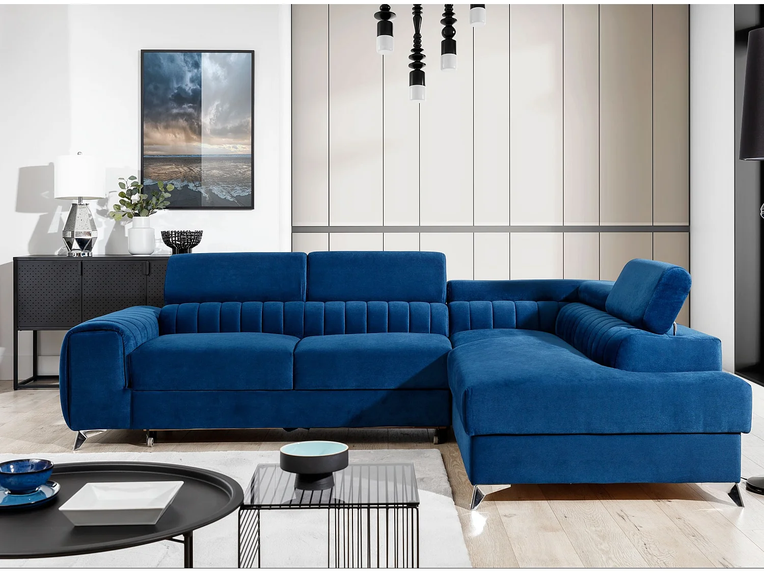 Canapé angle droit convertible avec appuis-tête réglables velours bleu foncé Lozan 275cm