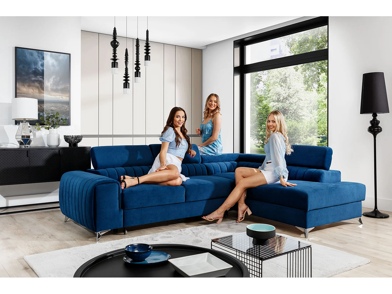 Canapé angle droit convertible avec appuis-tête réglables velours bleu foncé Lozan 275cm