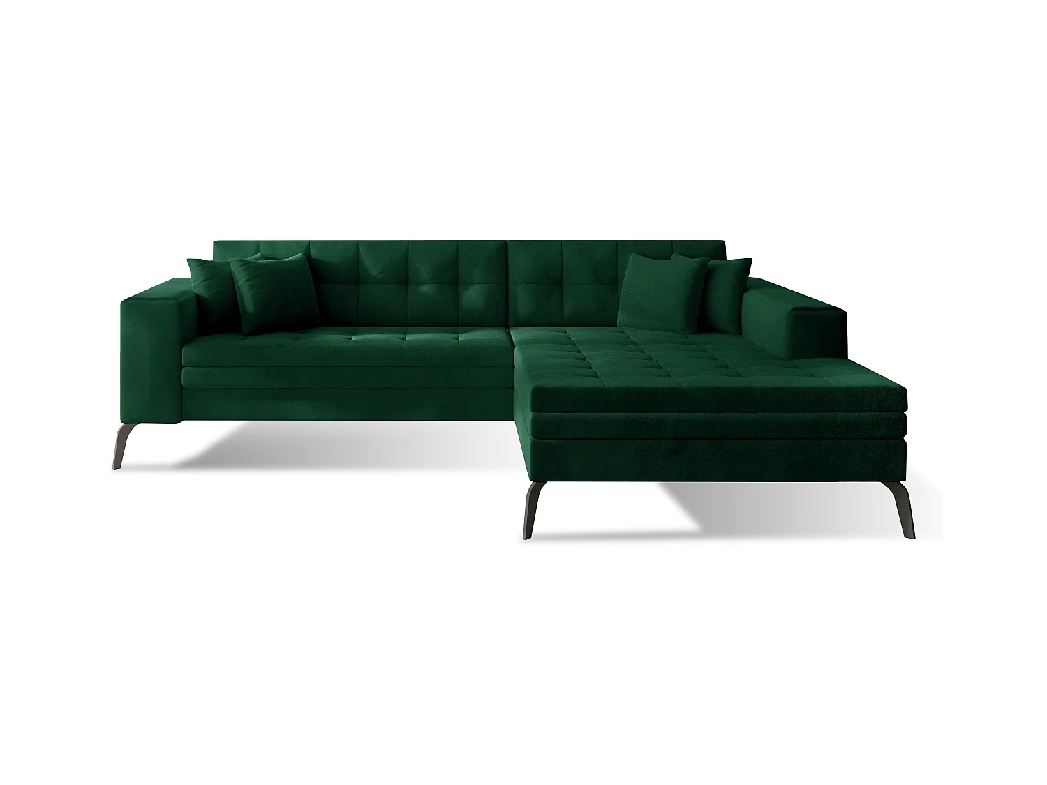 Canapé convertible capitonné angle droit velours vert impérial et pieds métal noir Lazor 295cm