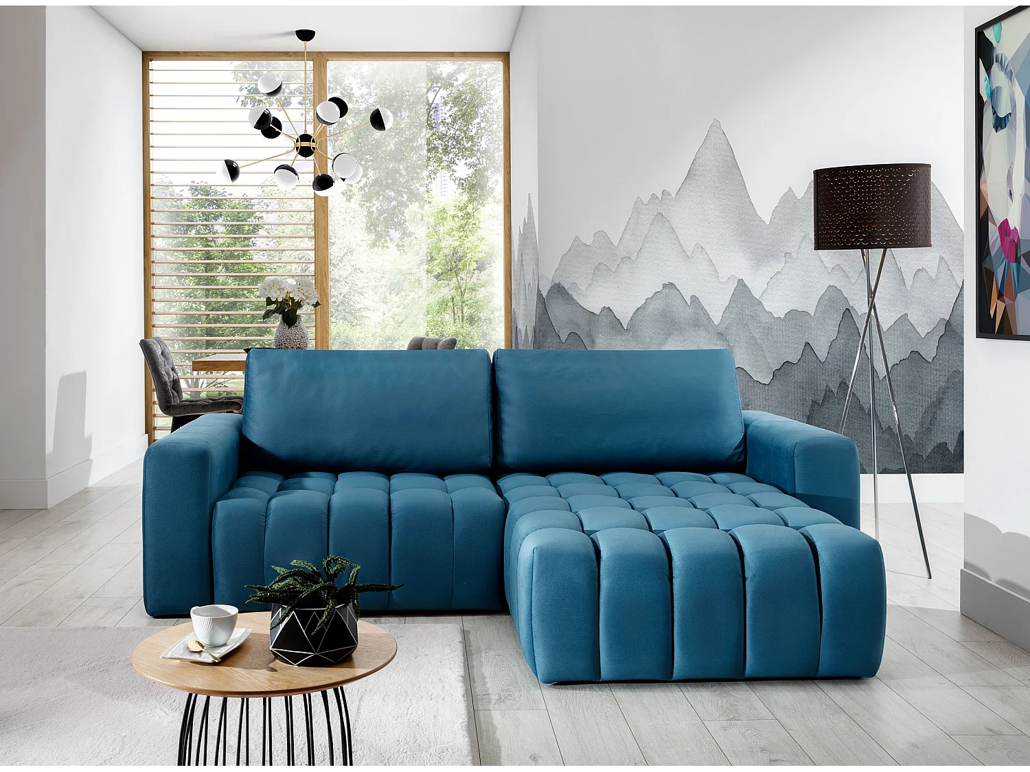 Canapé convertible design velours matelassé bleu canard angle droit Bozen 250cm