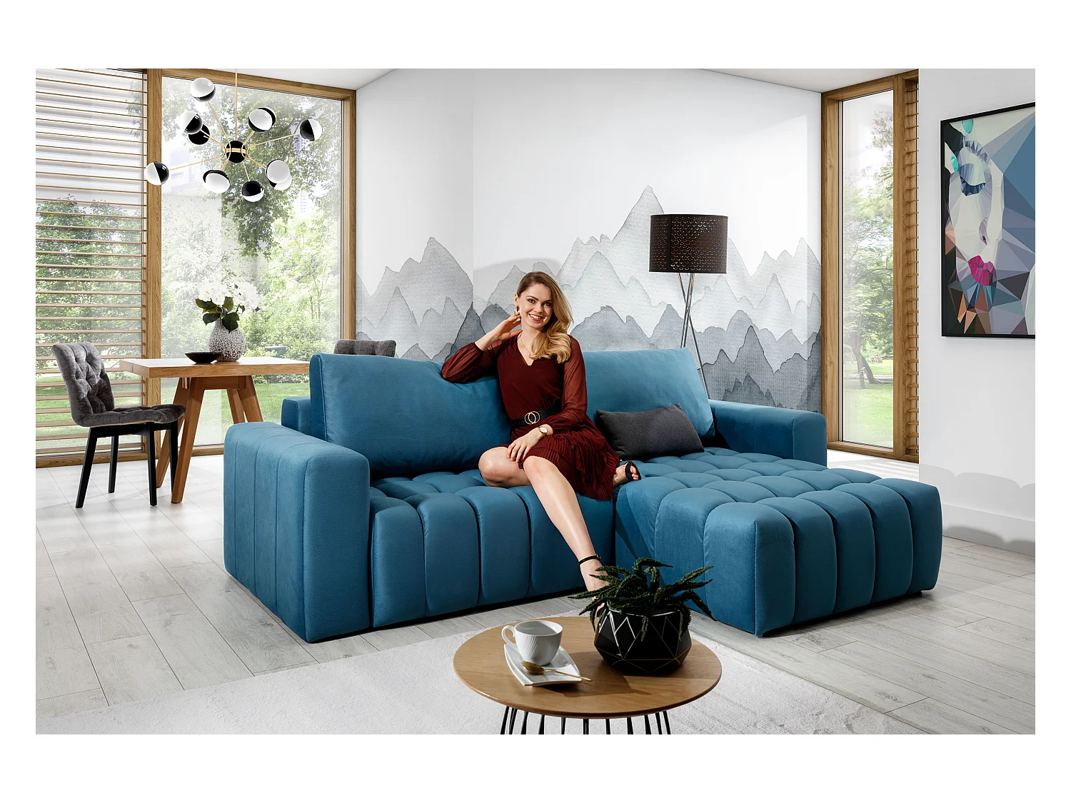 Canapé convertible design velours matelassé bleu canard angle droit Bozen 250cm