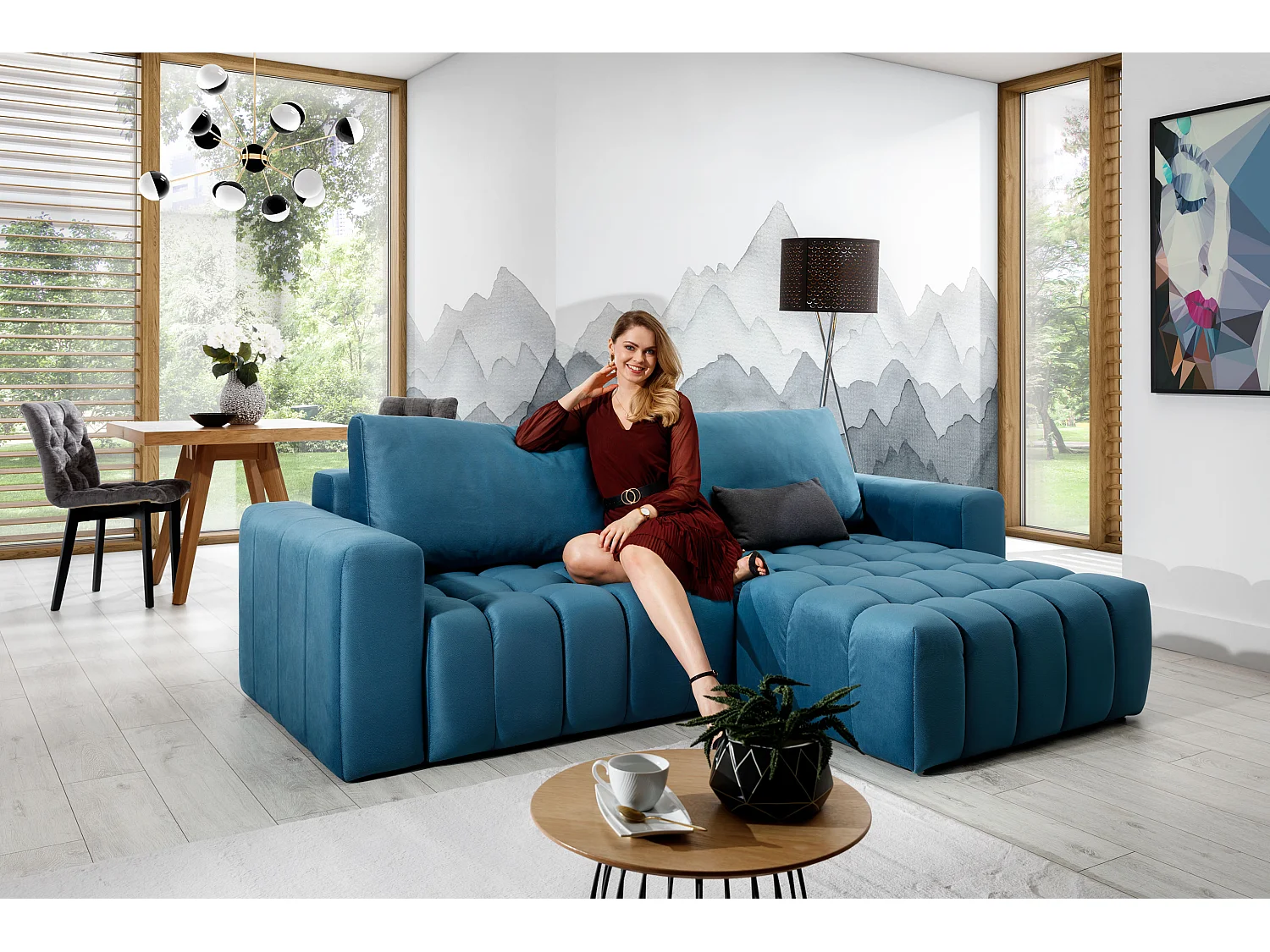 Canapé convertible design velours matelassé bleu canard angle droit Bozen 250cm