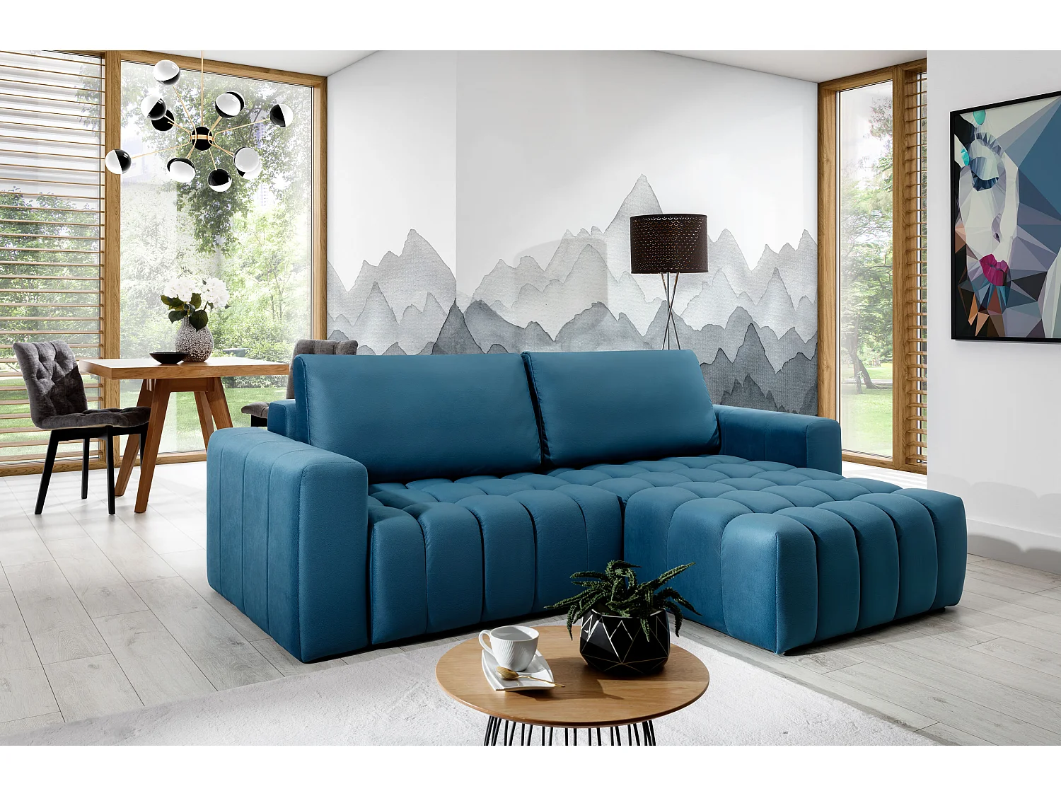 Canapé d’angle velours capitonné BOZEN – Convertible et rangement-Bleu canard-angle droit