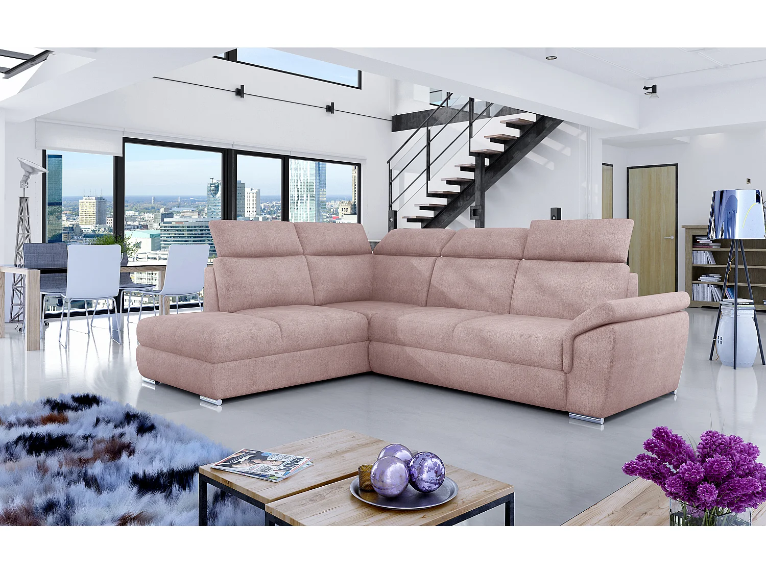 Canapé angle gauche convertible tissu rose clair avec appuis-tête réglables Kepita 260cm