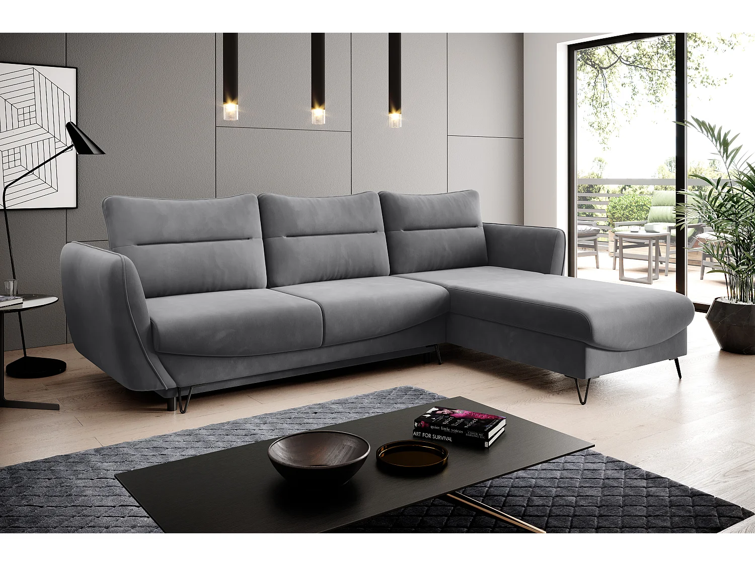 Canapé d'angle droit convertible velours gris foncé Zurik 276cm