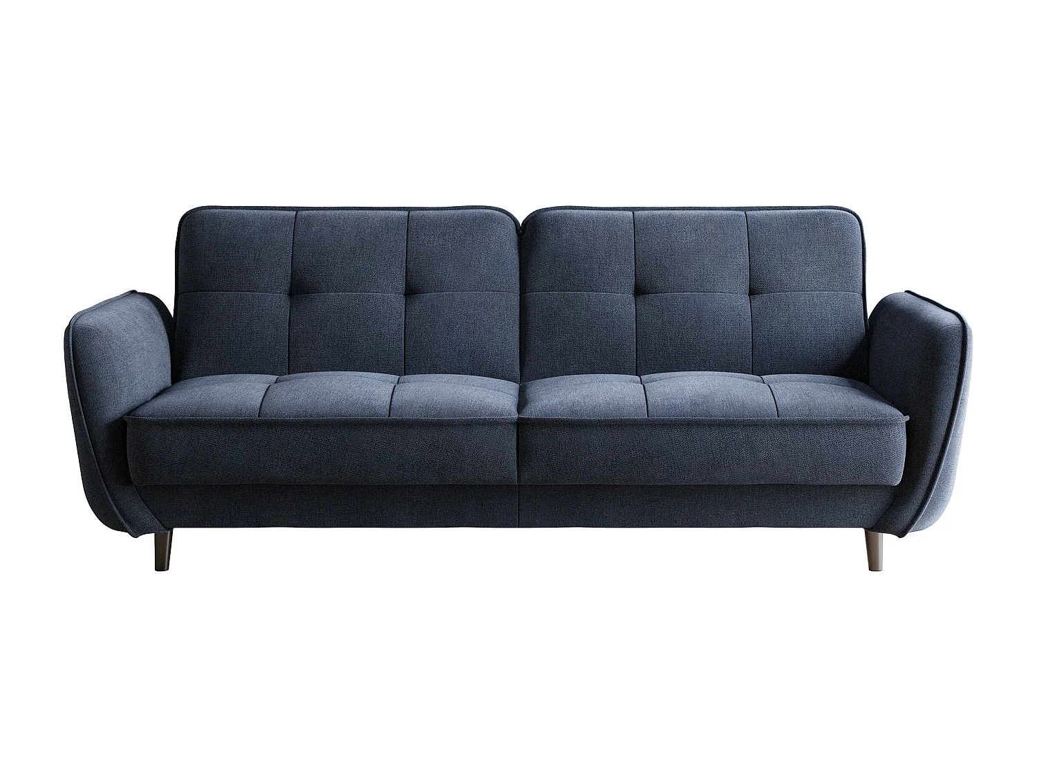 Canapé convertible 3 places tissu bleu lavande capitonné et pieds bois noir Bizza 220cm