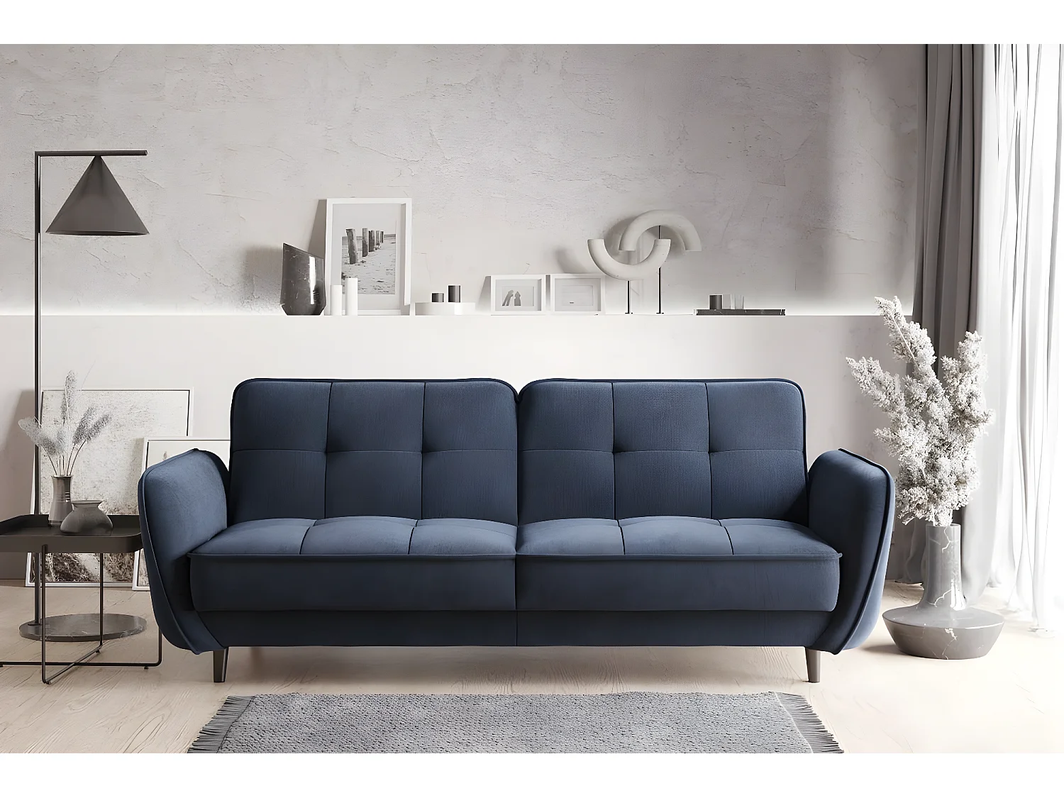 Canapé convertible 3 places tissu bleu lavande capitonné et pieds bois noir Bizza 220cm