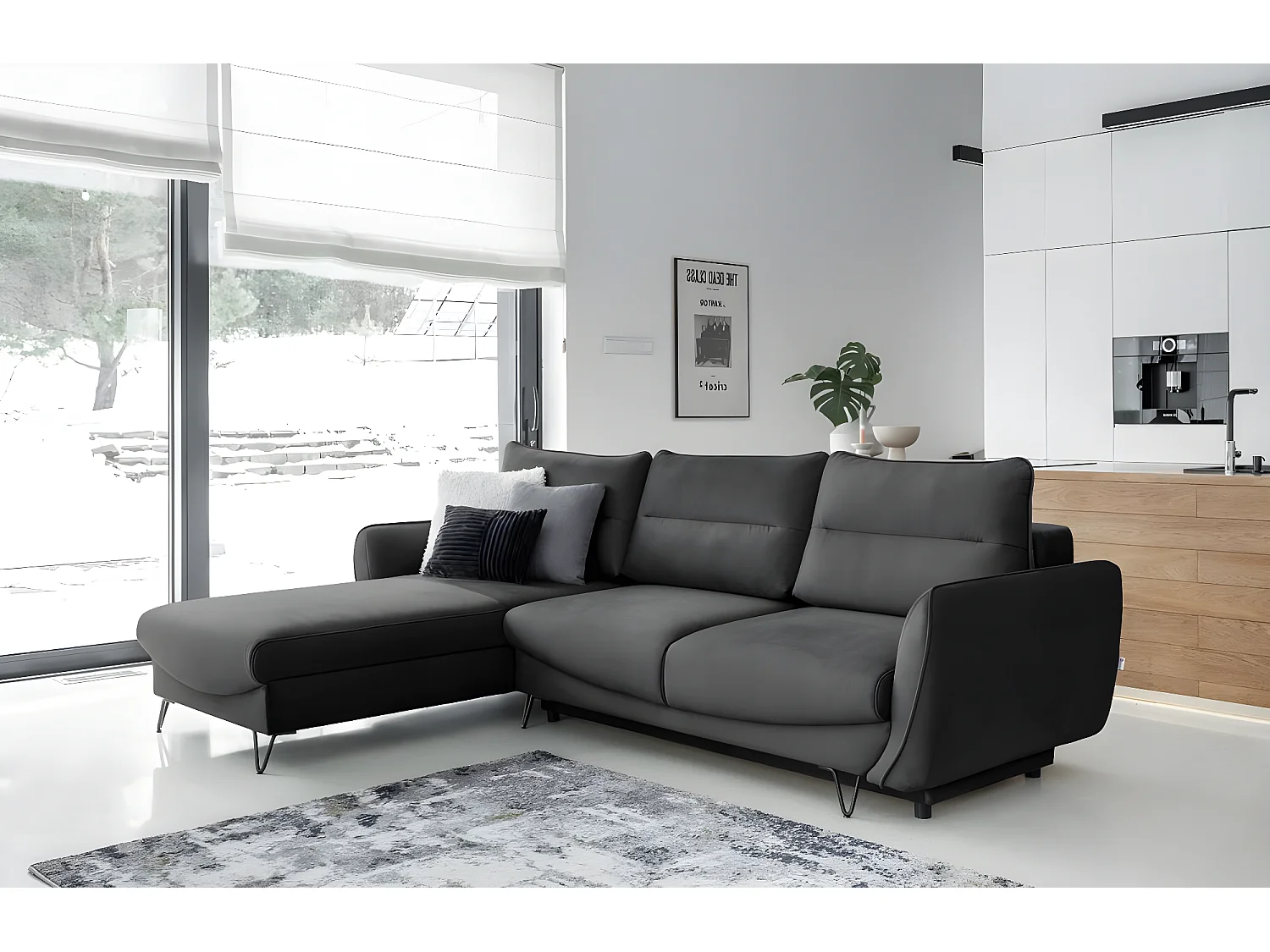 Canapé d'angle gauche convertible tissu doux anthracite Zurik 276cm