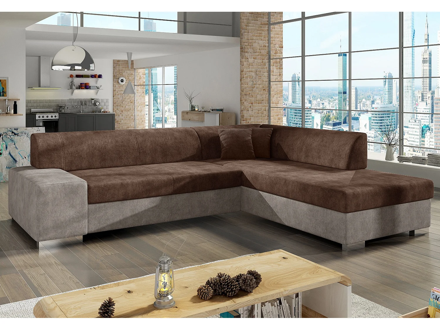 Canapé convertible moderne angle droit tissu doux rose et parme Plazo 278cm