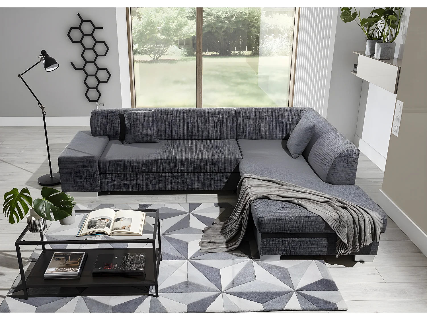 Canapé convertible moderne angle droit tissu doux rose et parme Plazo 278cm