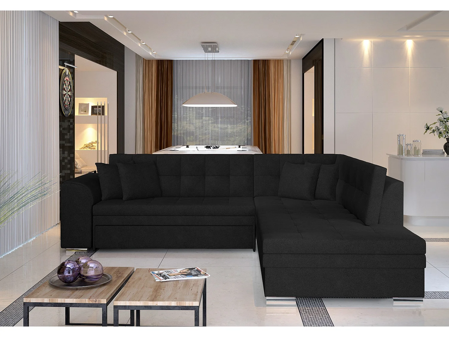 Canapé convertible angle droit velours noir et chromé Pika 260cm