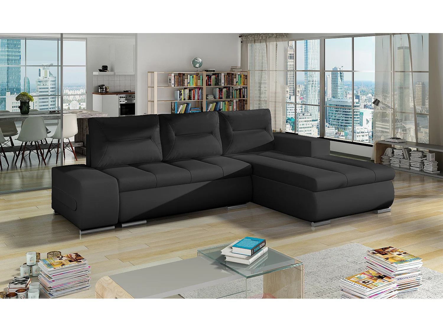 Canapé d'angle droit convertible simili cuir noir Waker 275cm