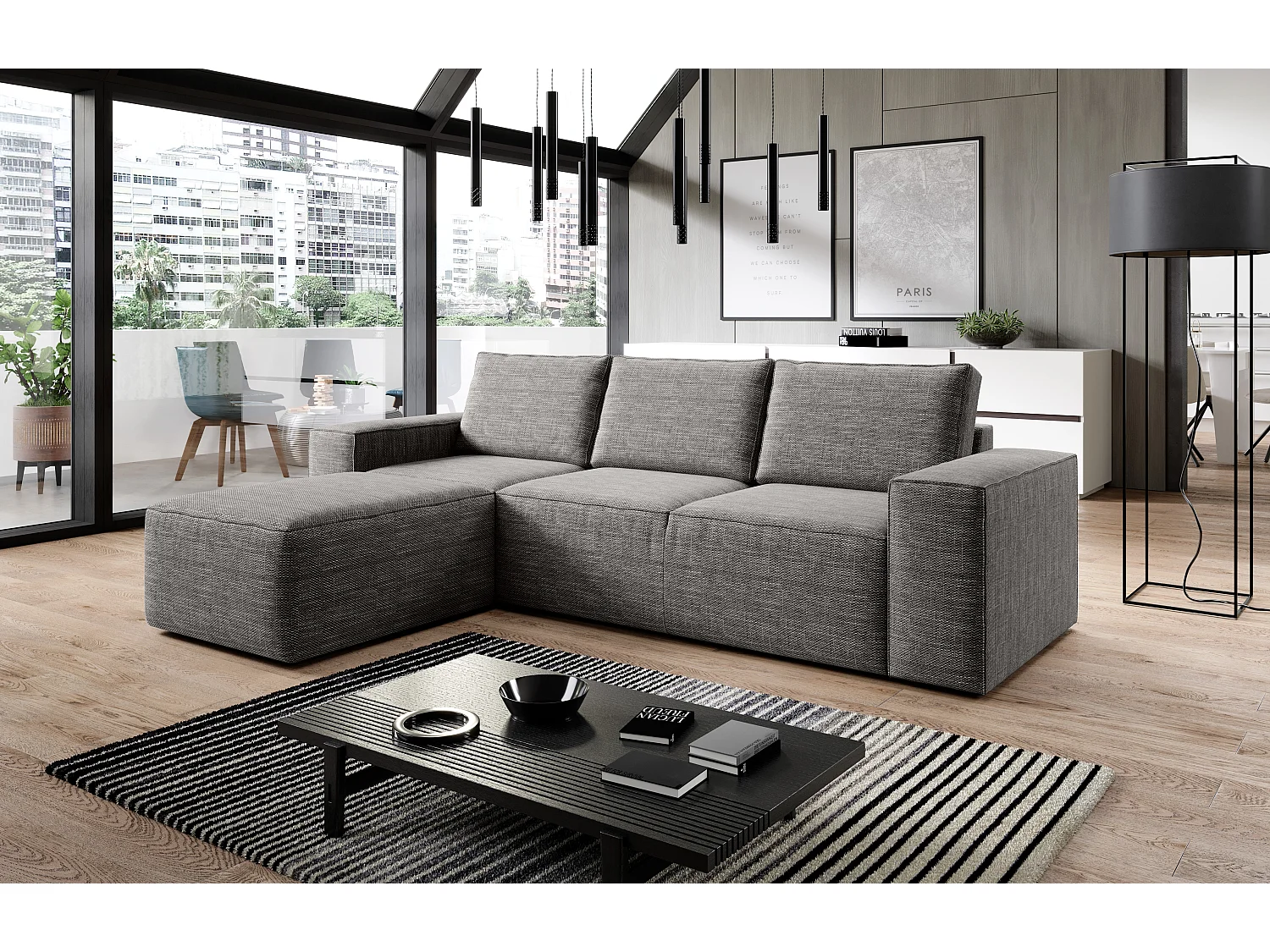 Canapé d'angle gauche convertible moderne tissu beige foncé chiné Willace 302cm