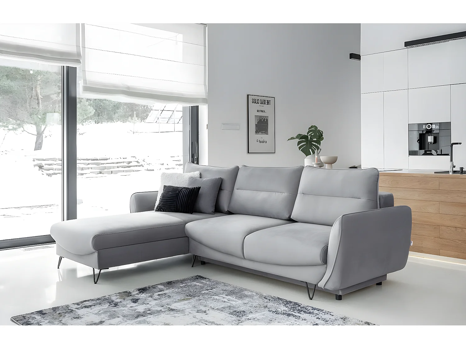 Canapé d'angle gauche convertible tissu doux gris clair Zurik 276cm