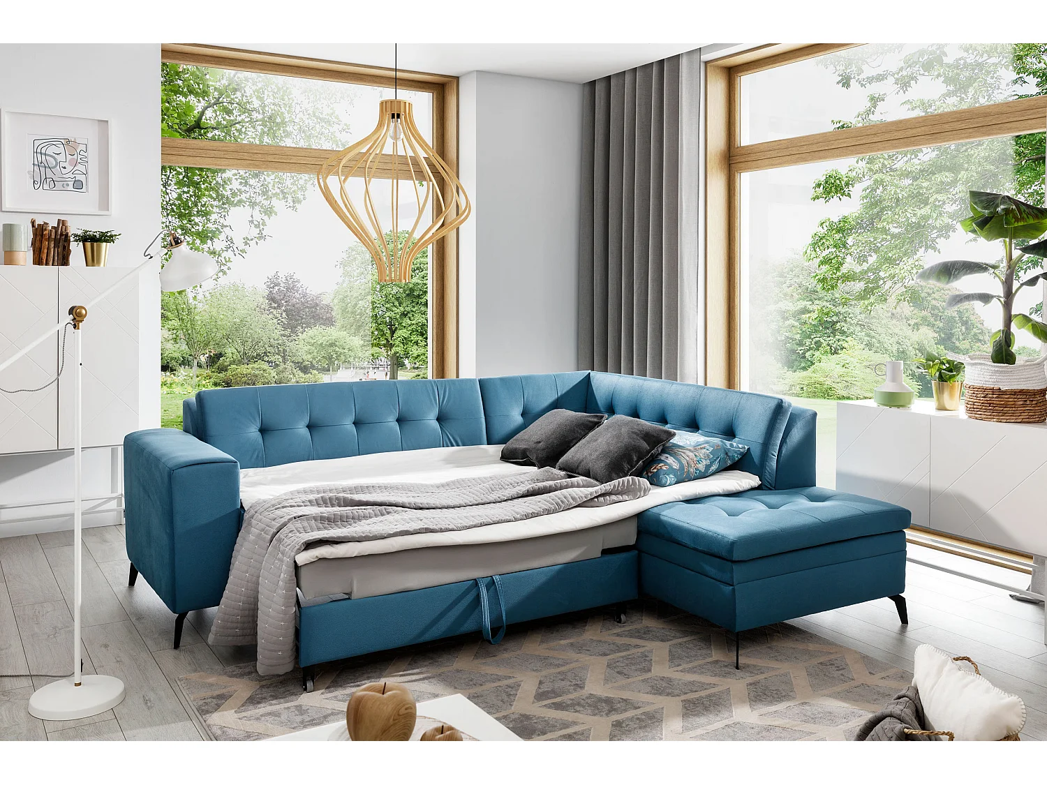 Canapé convertible capitonné angle droit tissu bleu nuit Larry 260cm