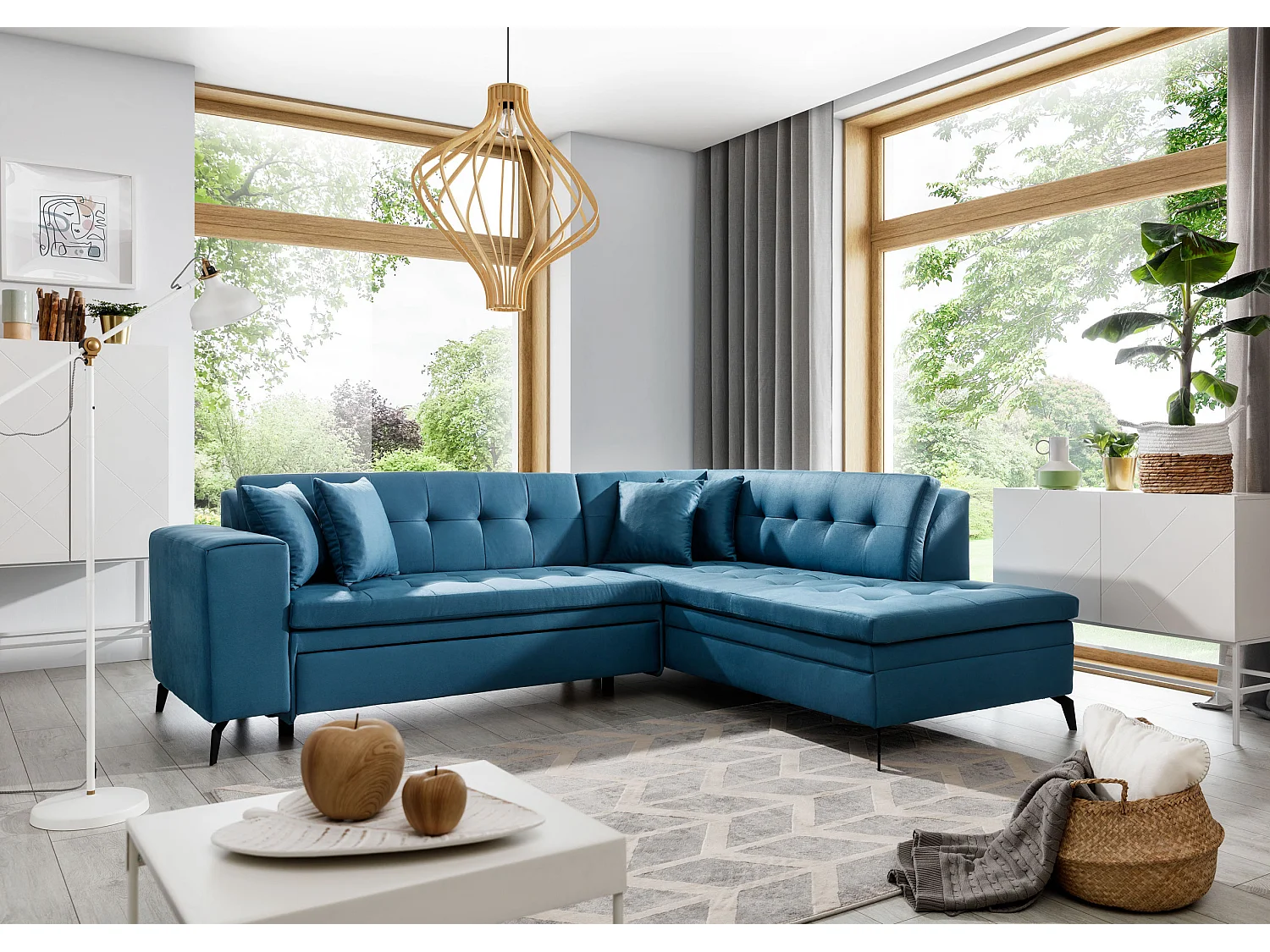 Canapé convertible capitonné angle droit tissu bleu nuit Larry 260cm