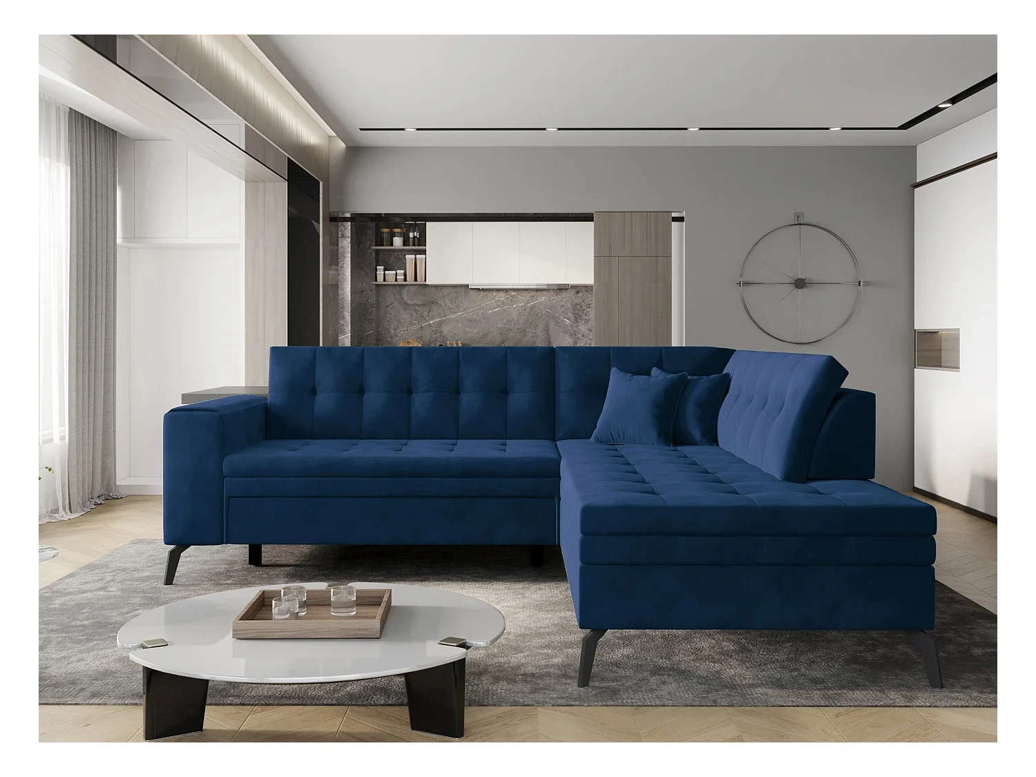 Canapé convertible capitonné angle droit tissu bleu nuit Larry 260cm