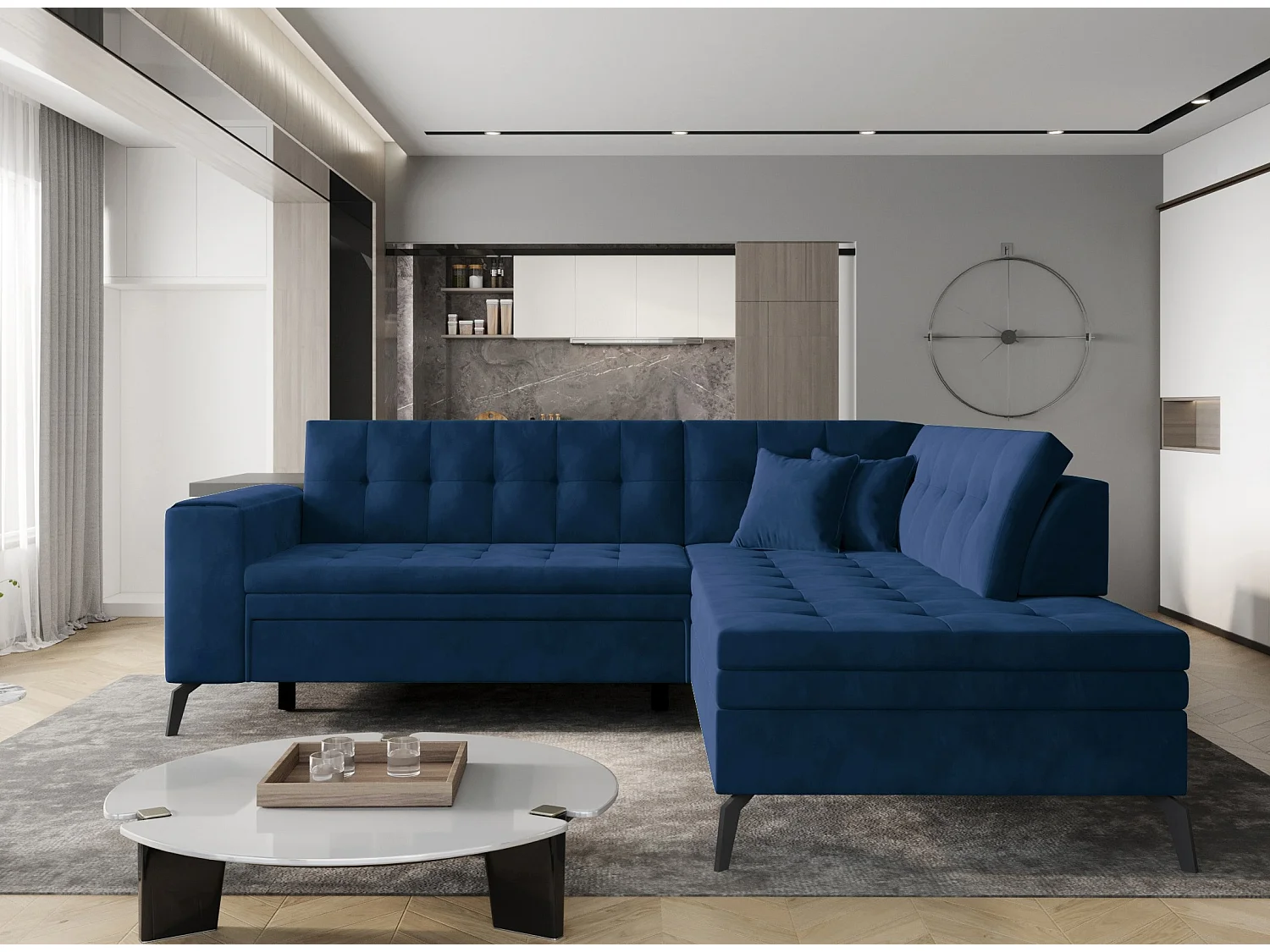 Canapé convertible capitonné angle droit tissu bleu nuit Larry 260cm